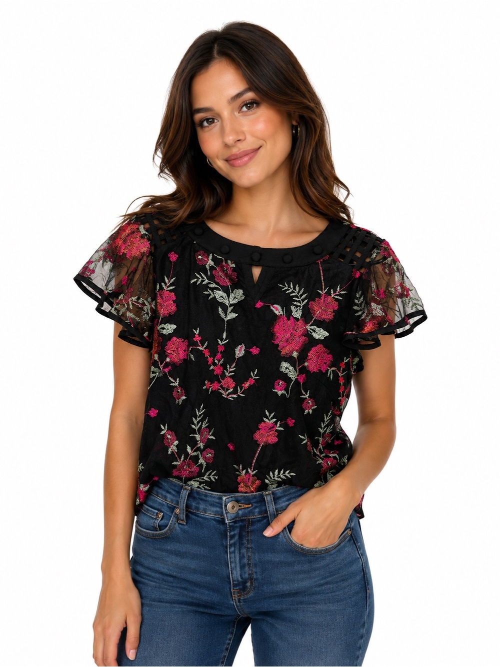 Black Floral Embroidered Flutter Sleeve Blouse - Pink Floral